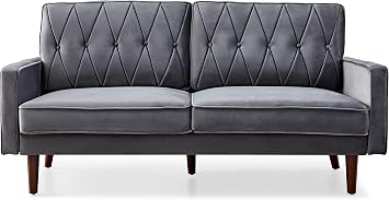 Container Furniture Modern Style Tufted Velvet Couch for Living Room with Soft Fabric Upholstery and Solid Wood Frame, 69.3 Wide 3 Seater Sofa, Grey