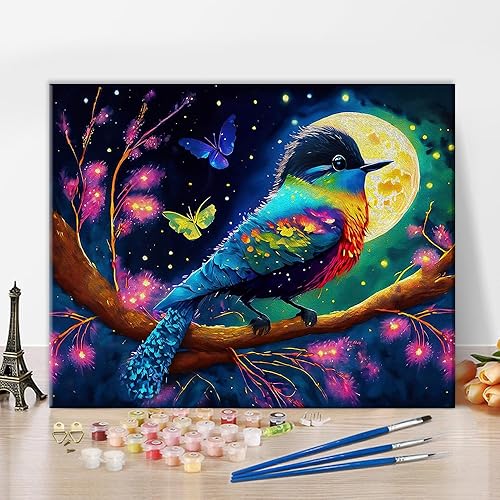 TUMOVO Bird Oil Paint by Number for Adults Abstract Animal Colorful Bird Sitting Paint by Numbers for Beginner Kids Canvas for Painting Acrylic Pigment Art Crafts for Home Office 16"x20"(Frameless)