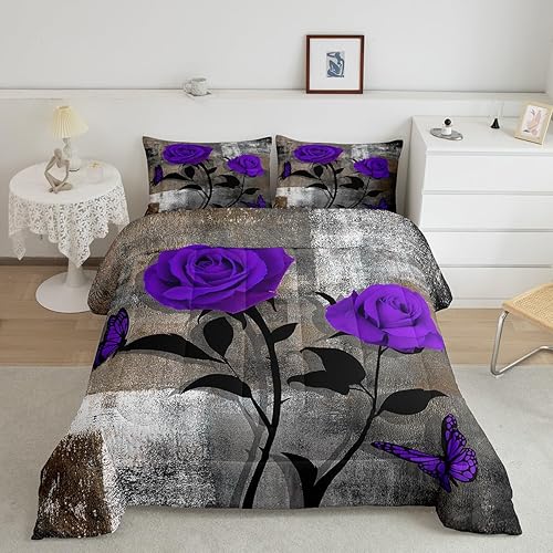 Erosebridal Juego de edredón de acuarela tamaño Queen, juego de ropa de cama de color marrón grunge y blanco degradado para adultos, romántico