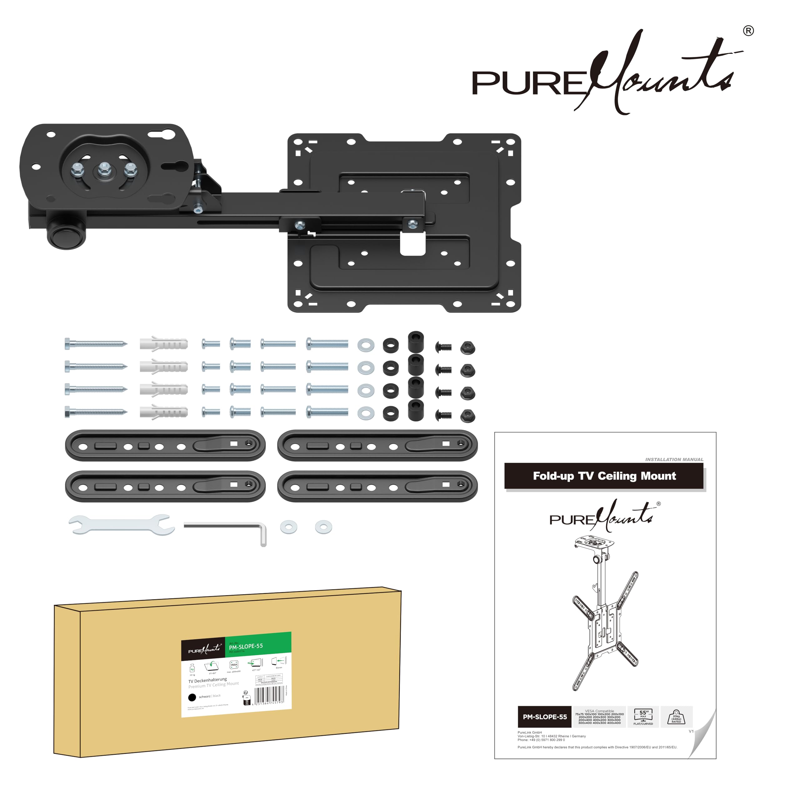 PureMounts TV Deckenhalterung für Fernseher, geeignet für 23-55 Zoll, klappbar, höhenverstellbar, schwenkbar, neigbar, bis VESA 400x400, schwarz