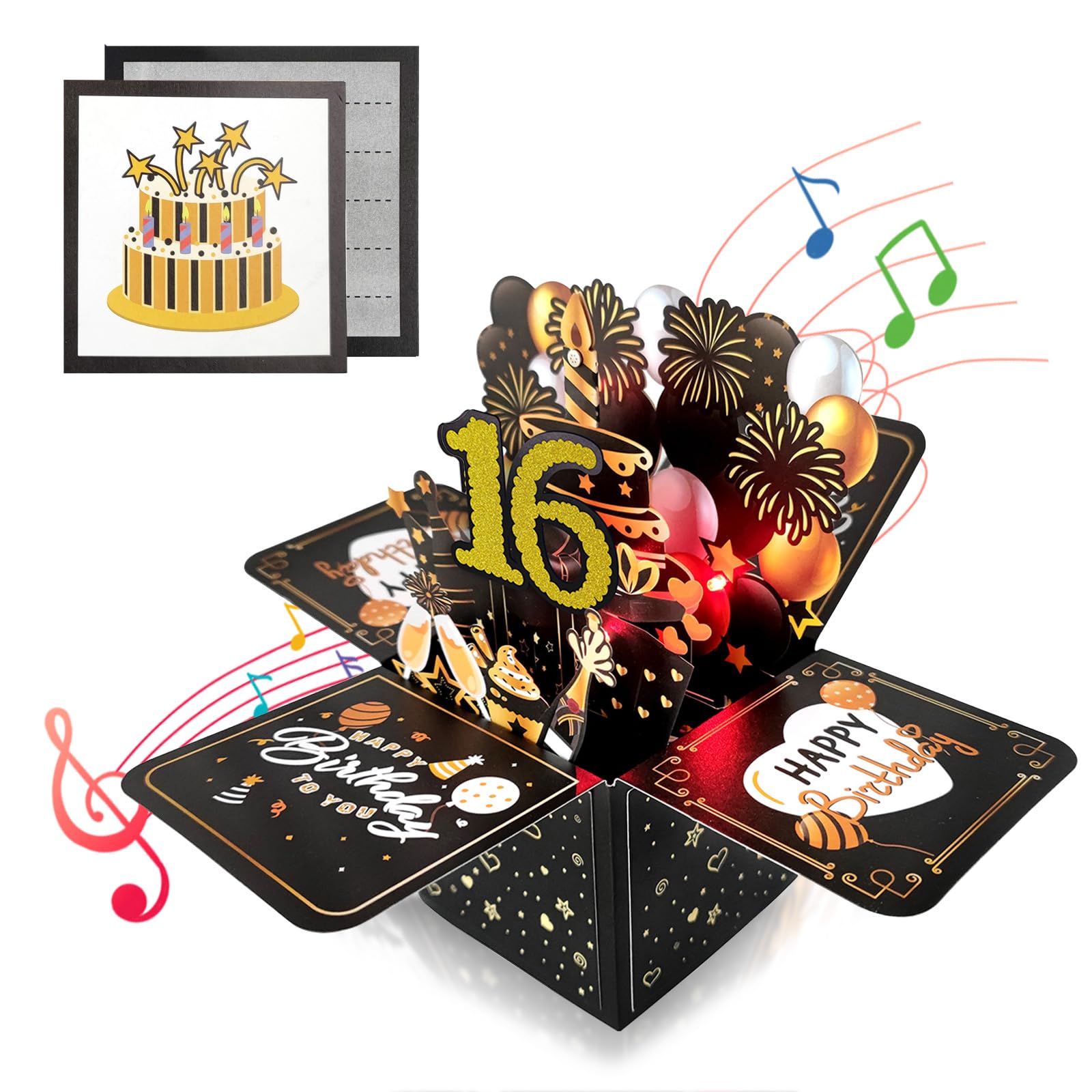 Black Gold 3D Pop Up 16th Musical Birthday Card for Girls Boys Him Her Birthday Gifts,Singing Blowable Candle Light Up Happy 16th Birthday Cards for Kids Daughter Son Sister Brother Nephew Niece