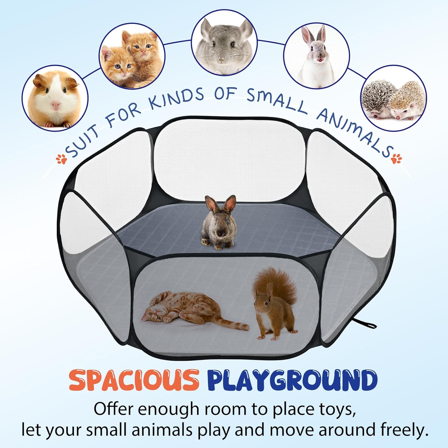 Pawaboo Small Animals Playpen with Pad, Waterproof Small Pet Cage Tent with Reusable Pad, Portable Outdoor Yard Fence for Chick/Kitten/Puppy/Guinea Pig/Rabbits/Chinchillas, Black/Gray