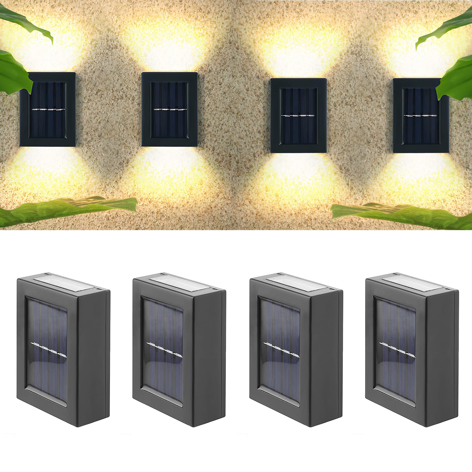 WIGUROE Solar Wall Lights Outdoor 4 Pack, IP65 Waterproof Solar Fence Lights with Auto on/Off (Warm White)