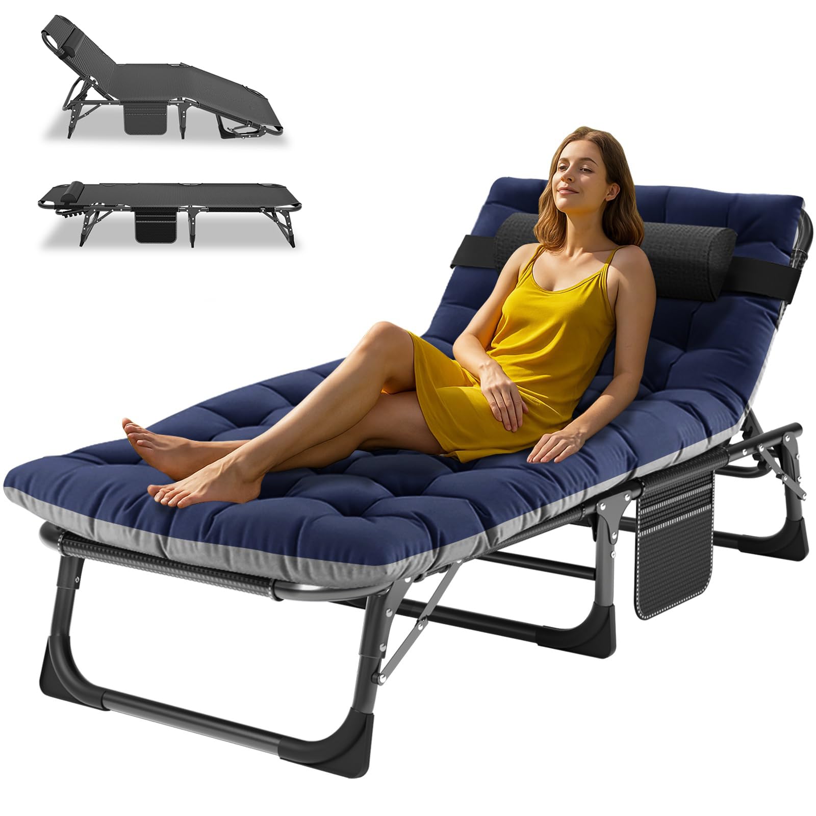 Sonnenliege Klappbett Campingbett Gästebett klappbar liegestuhl 200KG Lastlager Gartenliege Mit Matratze Seitentasche und Kopfstütze Feldbett für Outdoor Indoor Garten Camping (Blau-BK)