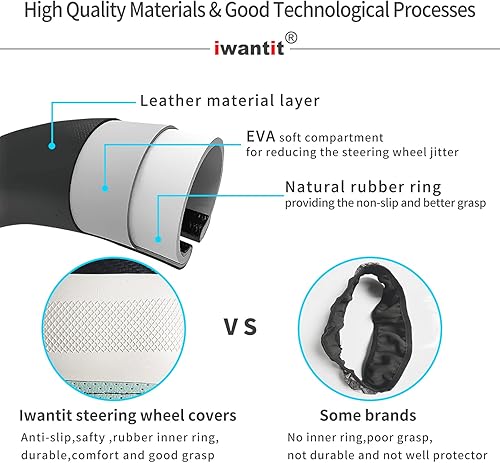 Miniatura 5 de Iwantit Funda para volante, fibra de carbono y piel sintética transpirable con anillo de goma antideslizante, protector de volante, ajuste universal