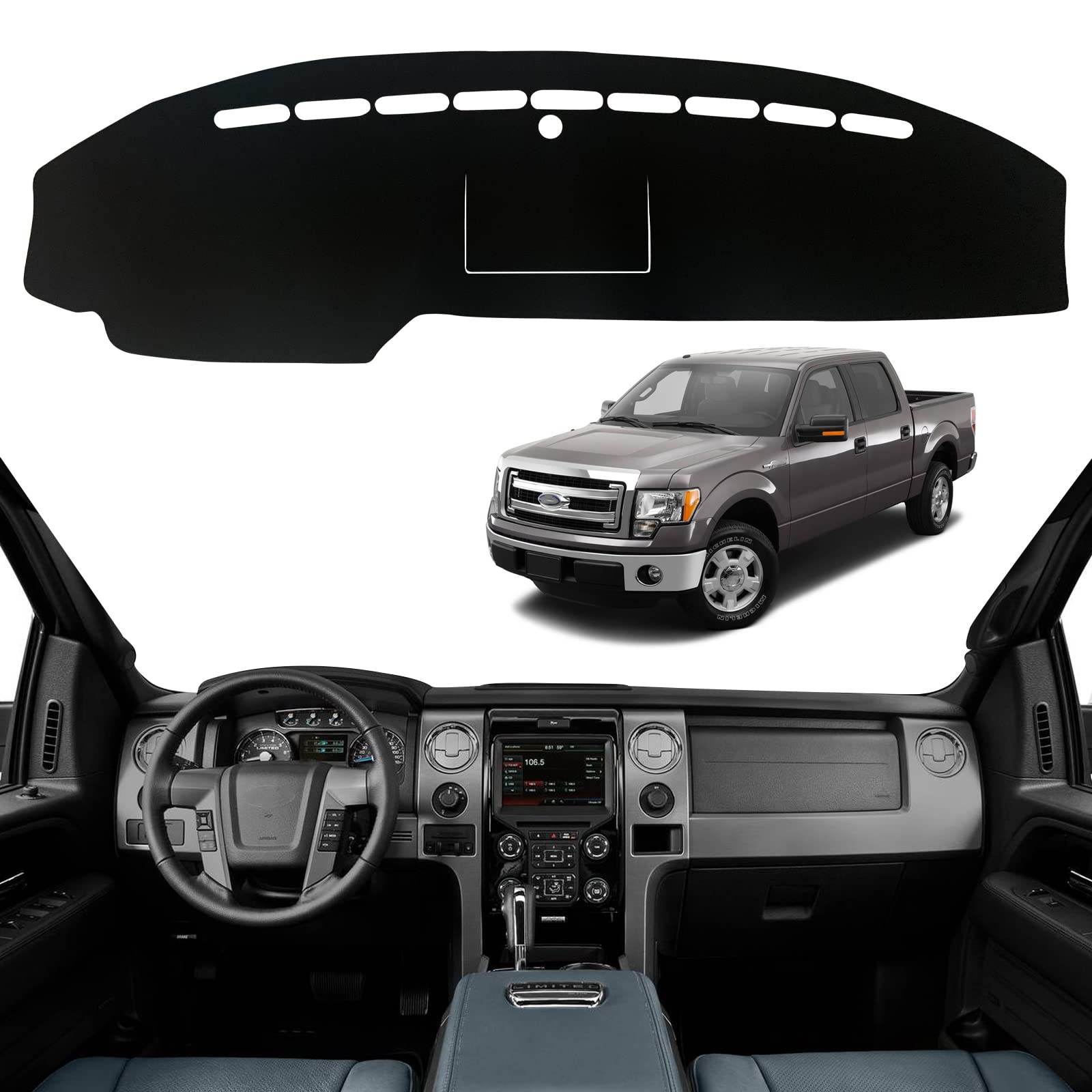 Dashboard Dash Board Cover Mat Pad Carpet Non-Slip Custom Compatible with Ford F150 2009-2014 Protector Sun Shield (Black Trim)