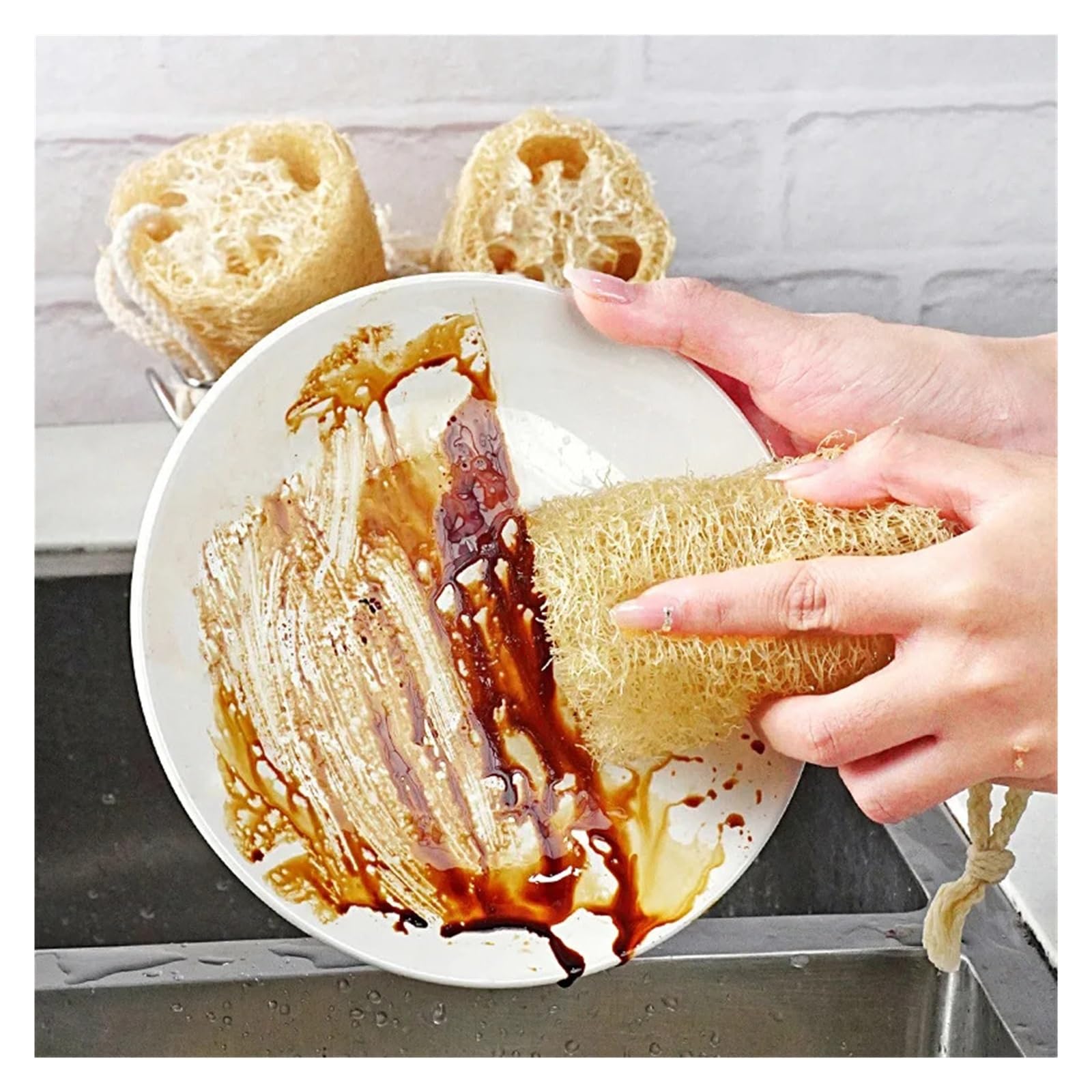Lot de 3 éponges luffa naturelles multi-usages for le nettoyage de la cuisine, éponges à vaisselle, longues, for la douche et le corps(35-40cm length)