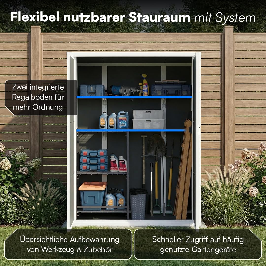 STEELSØN Novara Gerätehaus – Geräteschuppen mit Pultdach – Gartenhaus 170x68,5x134 cm (HxTxB) – Gartenschuppen aus Kunststoff Grau – Gartenhütte mit 2 Fächern – Gerätehütte rostfrei – Schuppen Garten