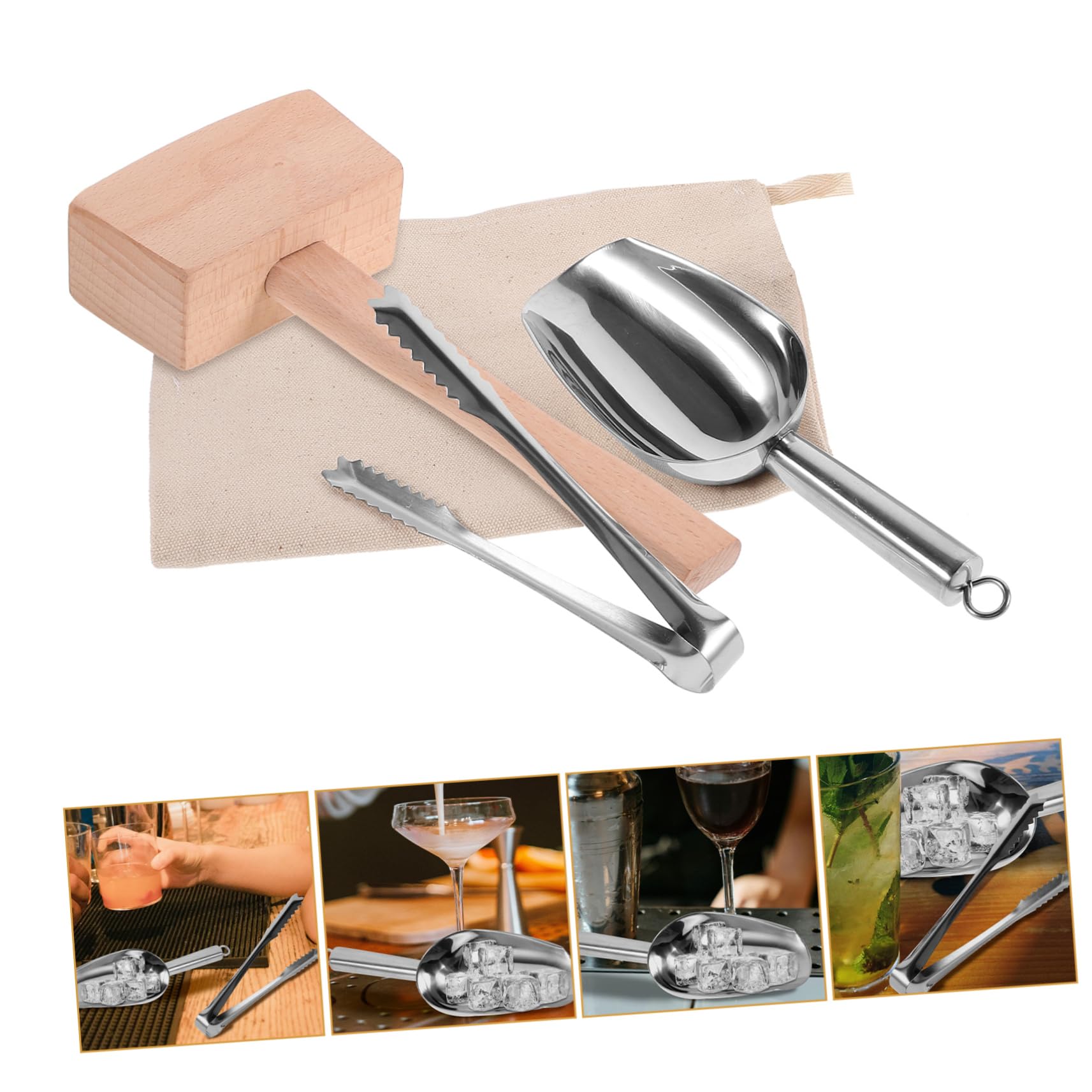 COLLBATH Ice Crusher Set for Bartenders 1 Set of Crushed Ice Bags Mallet and Hammer for Mixed Drinks