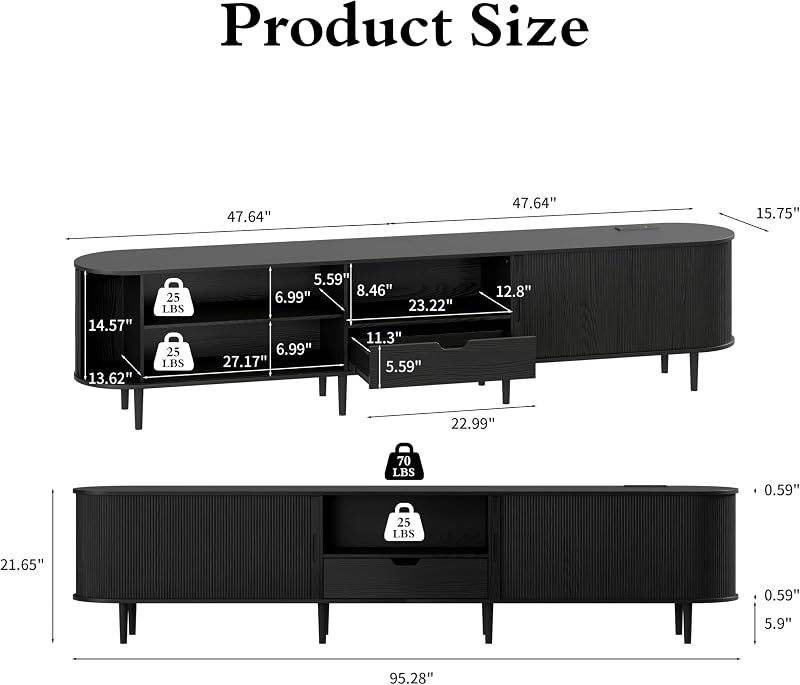 DHH 95.2" Fluted TV Stand with Power Outlet for TVs up to 100", TV Console with Adjustable Shelves and Sliding Door,Mid Century Modern Entertainment Center for Living Room,Bedroom (Black) image 2
