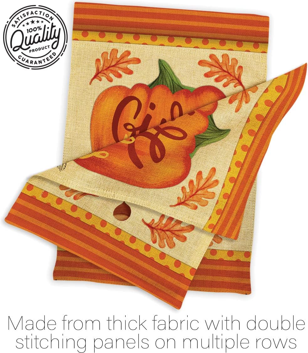 Pumpkin Give Thanks Garden Flag Fall Thanksgiving Turkey Gobble Season Autumntime Cornucopia House Decoration Banner Small Yard Gift Double-Sided, Thick Burlap, Made in USA