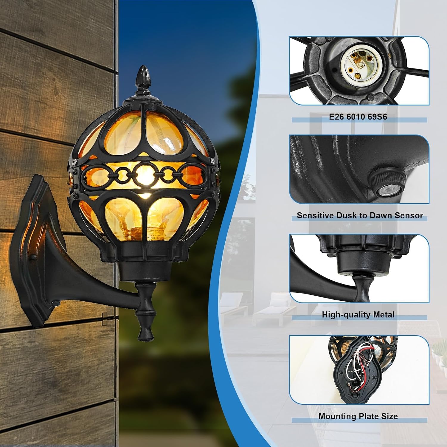 Dusk to Dawn Globe Outdoor Wall Lights, Black Round Porch Light for Patio Garage Doorway, Anti-Rust Aluminum Waterproof Exterior Sensor Lighting Fixtures, Wall Sconce Lantern with Amber Glass