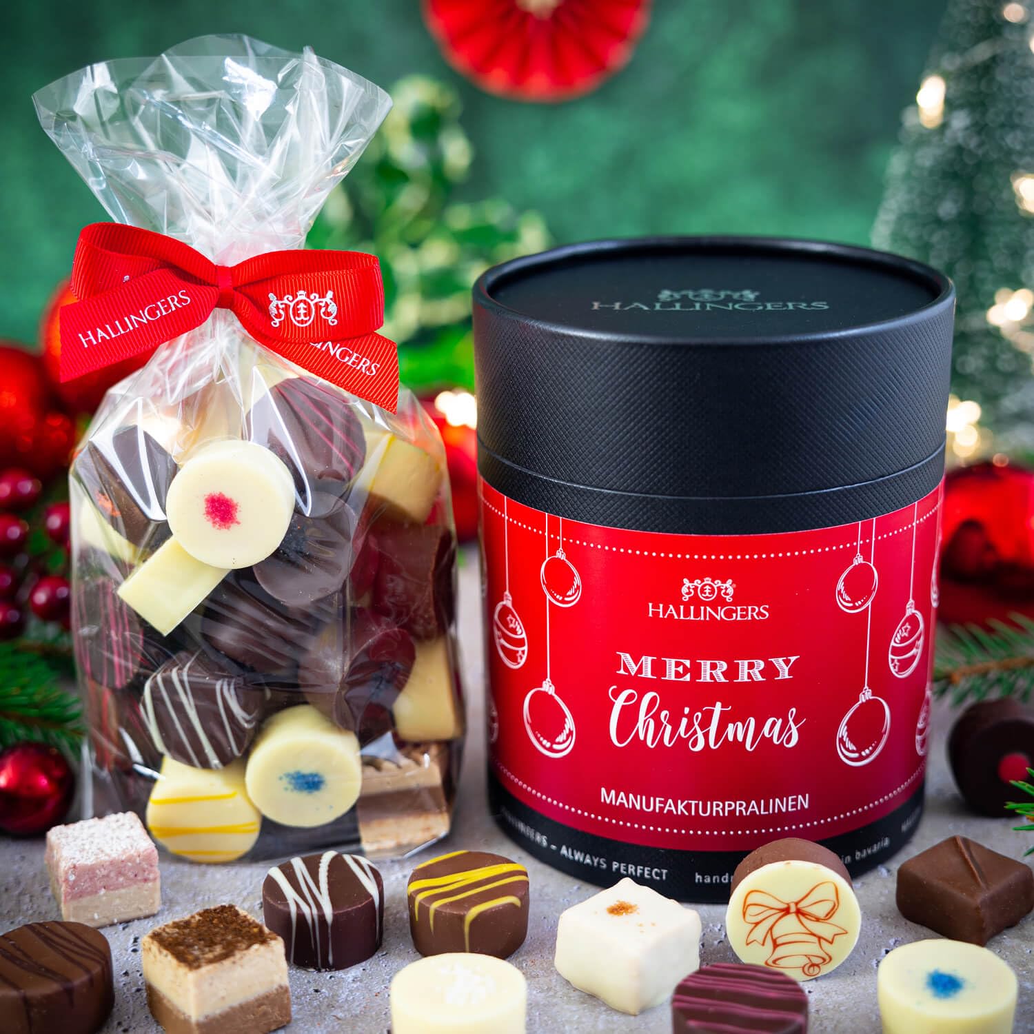 Hallingers Genuss Manufaktur Pralinen Weihnachts-Geschenk - ohne Alkohol, handmade aus Confiserie-Edelkakao in wertiger XXL-Geschenkdose "Merry Christmas", Weihnachten für Frauen Männer