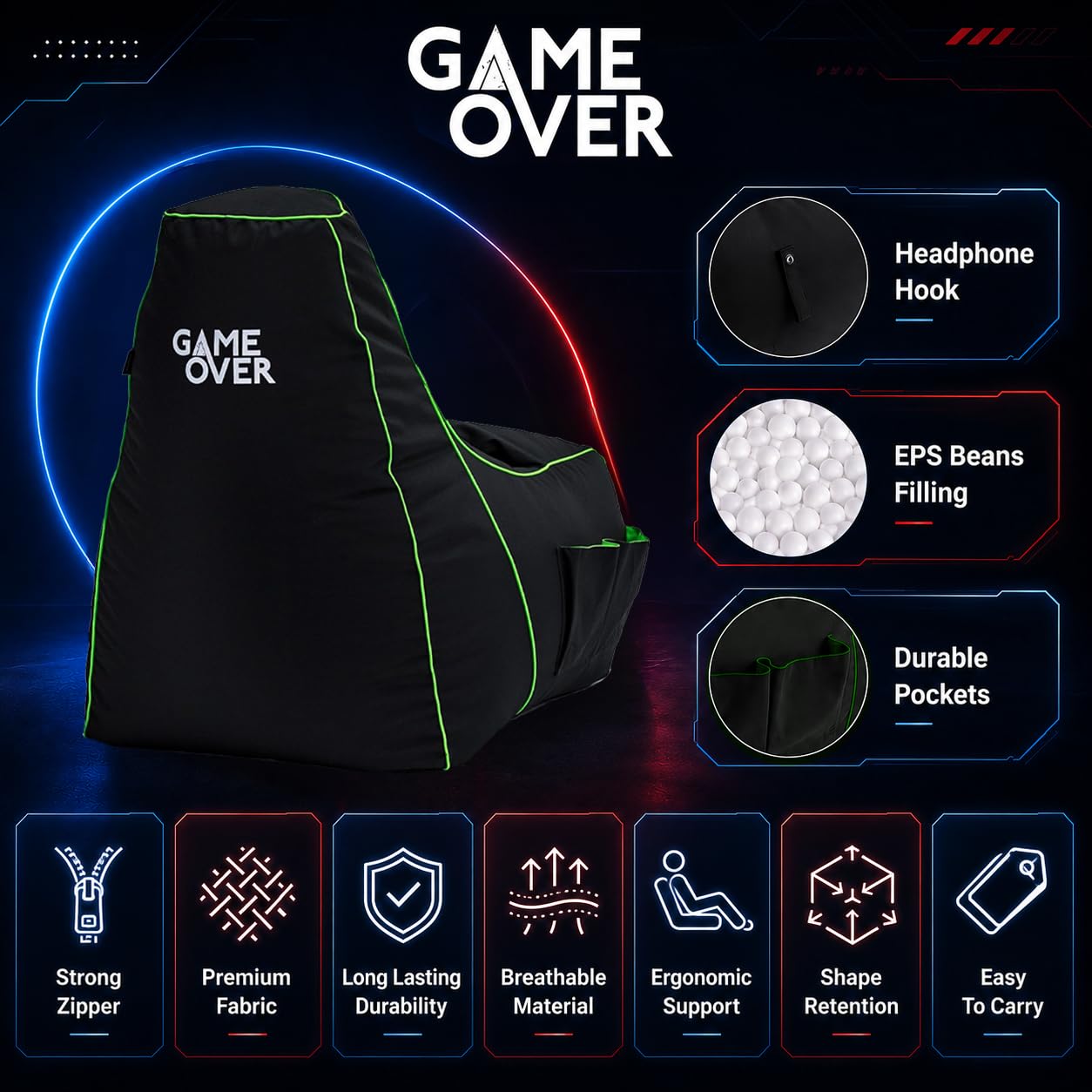 Game Over 8Bit Kinder Mini Videospiel Sitzsack für Videospiele | Wohnzimmer | Seitentaschen für Steuergeräte | Headset-Halter | Ergonomisches (Magischer Smaragd)
