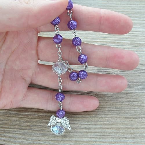 Miniatura 2 de LUMSON24 piezas de mini rosarios de bautismo con ángel niña recuerdos de bautizo rosarios morados chapados en plata