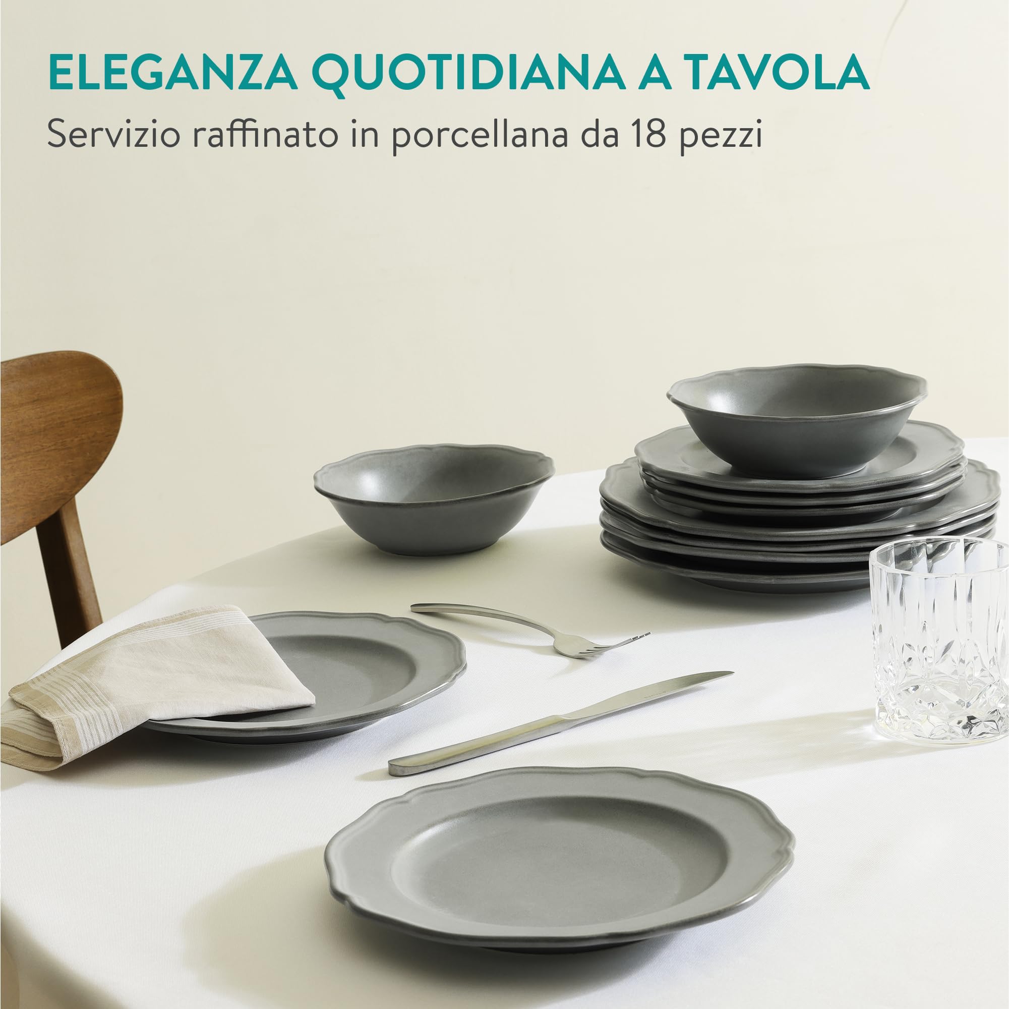 Navaris Set Piatti 18 Pezzi - Servizio Piatti Moderni di Porcellana per 6 Persone - Eleganti Decorativi e Resistenti - Adatto a Lavastoviglie e Microonde - Grigio