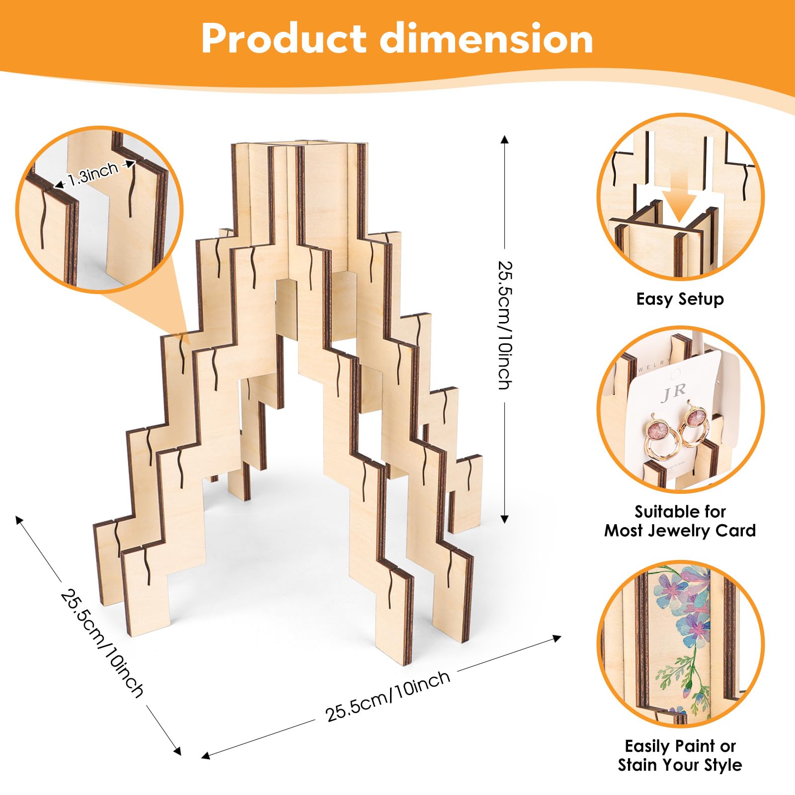 Wooden 4-Sided Jewelry Display Stand - Free-standing, Portable Earring Rack Holder with 16 Slots for Retail Show