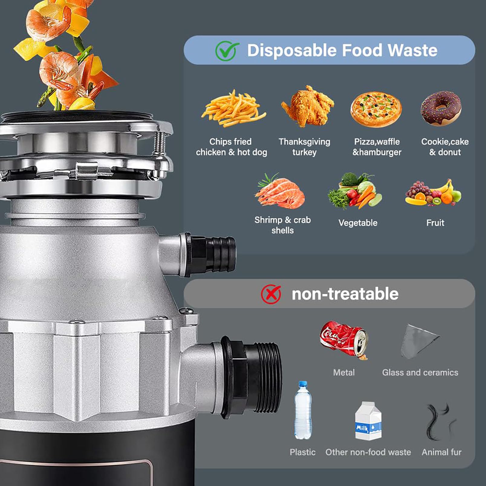 Triturador de basura para cocina, unidad de 560 W y 3200 rpm, sistema de trituración de acero inoxidable de 4 etapas y protección contra sobrecarga; silencioso y fácil de instalar