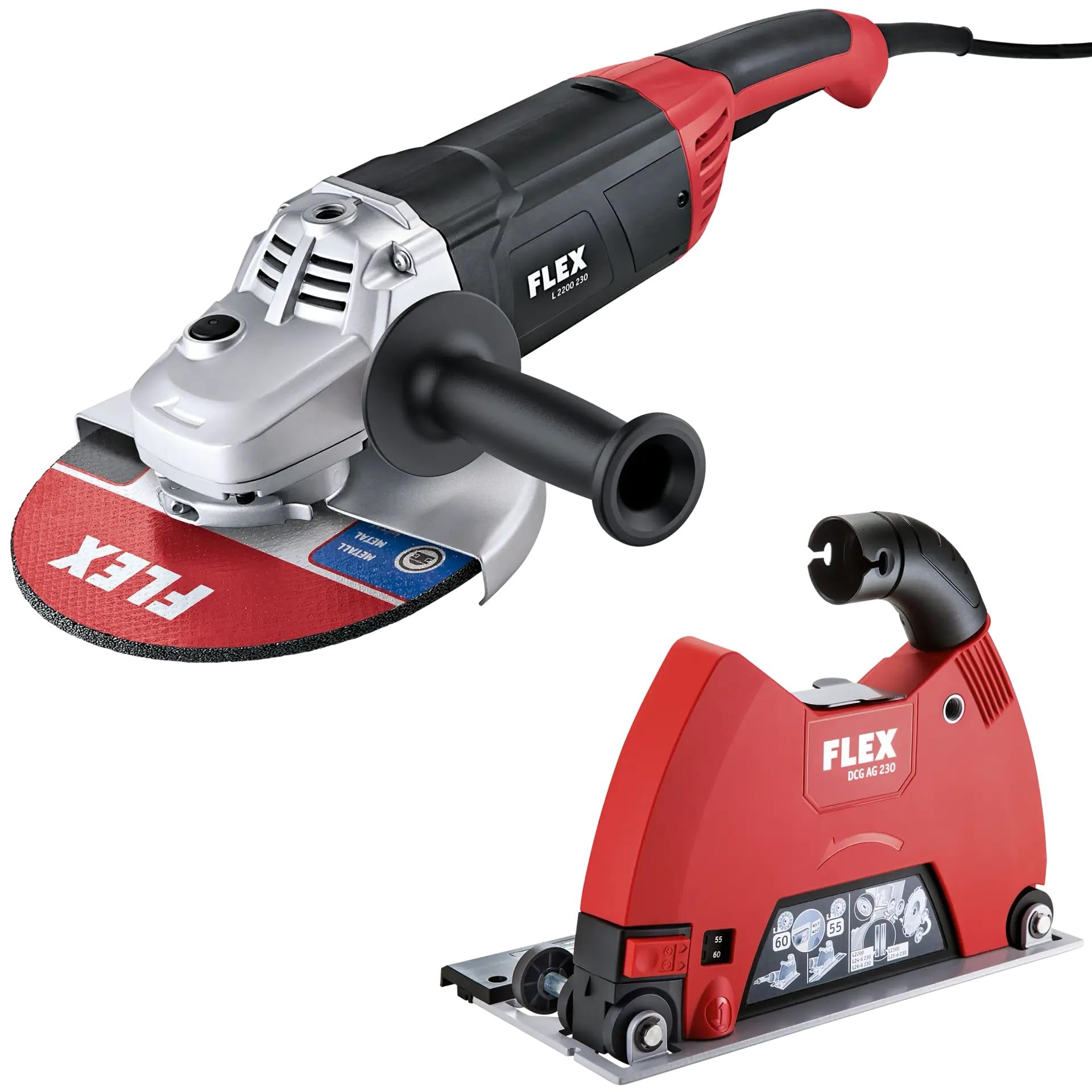 FLEX Aktion L 2200 + DCG AG 230 – 2200 W szlifierka kątowa + osłona odsysająca (maks. średnica tarczy 230 mm, waga 5,8 kg, długość kabla 4 m) 534511