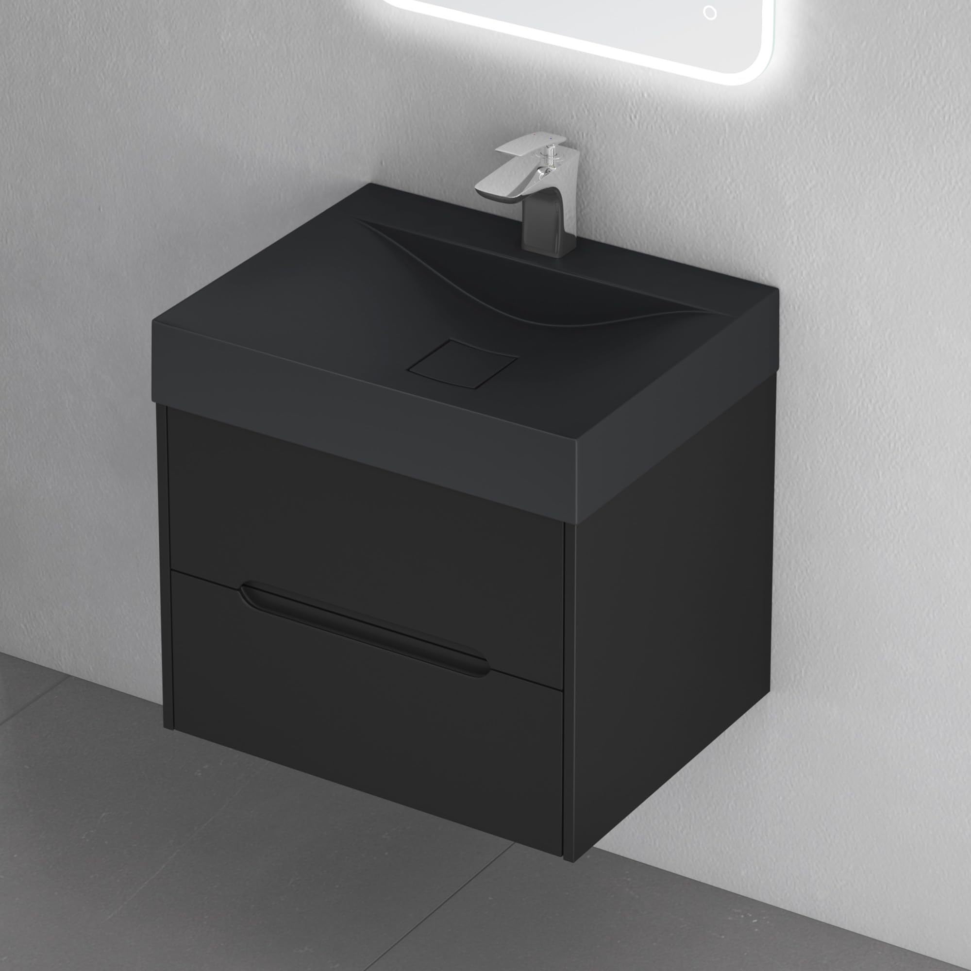 doporro Meuble de Salle de Bain Suspendus Noir Mat 60x48x56cm Ensemble de 2 Pièces Meuble avec Lavabo Design Yoga-Lackier