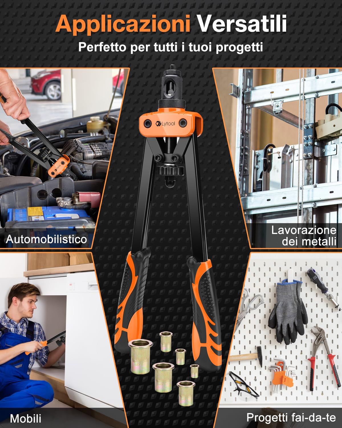 Lytool Rivettatrice per Inserti Filettati 14‘’,Rivettatrice Filettati Manuale 6 Mandrini Metrici e 205 Dadi per Rivetti(M3-M4-M5-M6-M8-M10),Custodia da Trasporto Pesante, Chiave, 2 Perni di Bloccaggio