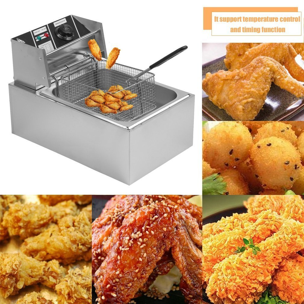 Belovedkai Electric Deep Fryer, 6L Stainless Steel Commercial Electric Deep Fat Fryer Temperature Control Timing Fryer with Drain & Basket,Single Tank/Dual Tank (6L Single Basket)