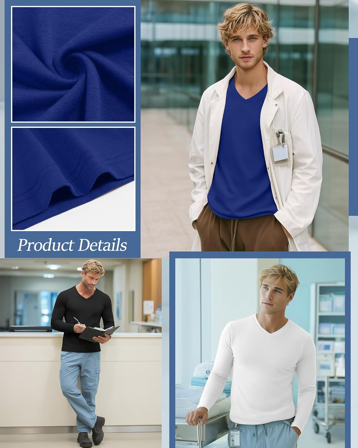 3 Pack Men's Long Sleeve Underscrub Nurse V Neck Scrub Undershirts Fitted Base Layer Tees for Medical Uniforms - Image 5
