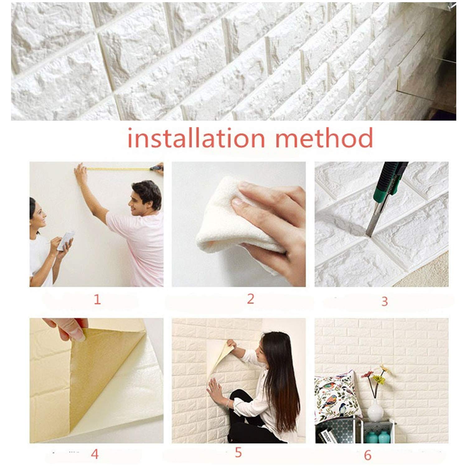 MYOYAY 10 Pack 3D Wall Panels Peel and Stick White Brick Wallpaper