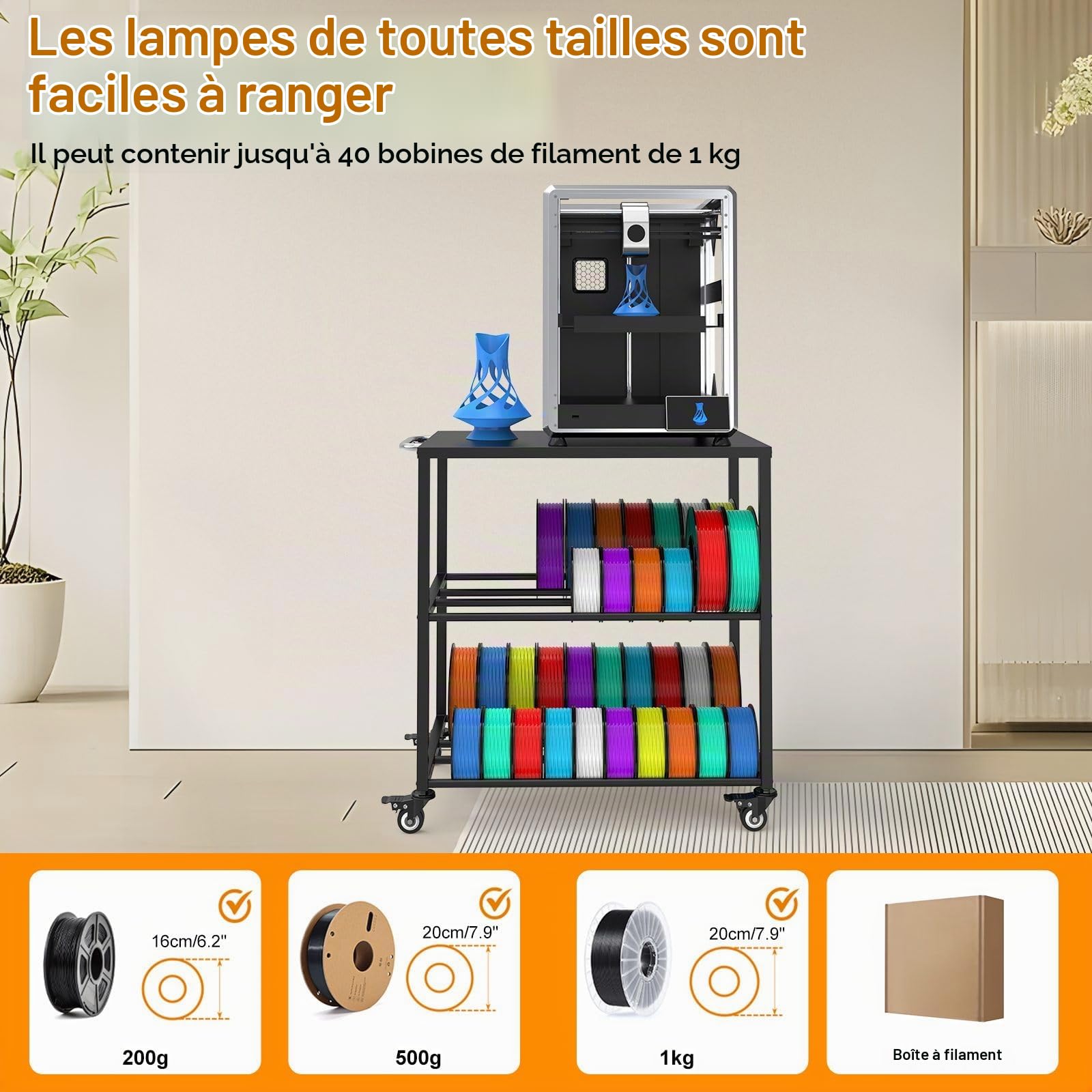 Étagère de Rangement pour Filament d'imprimante 3D, Support de Bobine Filament Métal avec Roulettes, Rack Stockage pour Bobines PLA/ABS/TPU pour Atelier Bureau Domicile (Noir)