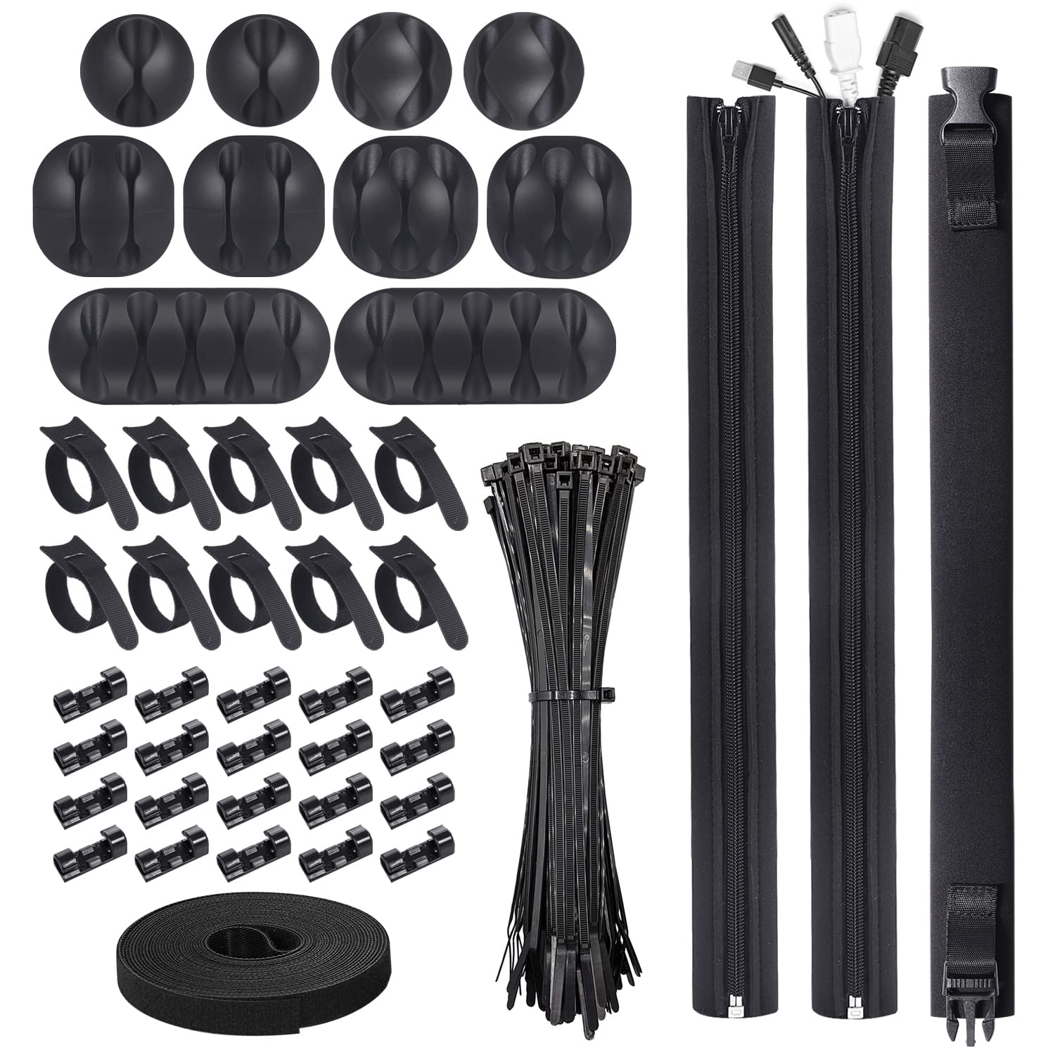 HOMPO Cable Management Cord Organizer - 144pcs Wire Organizer Kit 3 Cable Sleeve, 30 Self Adhesive Cable Clips, 10pcs and 1 Roll Cable Tie and 100 Nylon Wire Ties for Office Desk Electronics - 