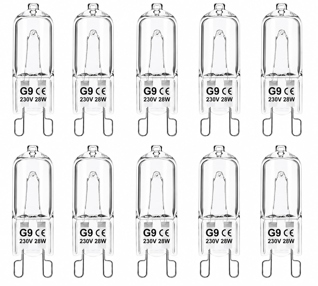 SJ essentials® G9 Halogen Light Bulbs 28W 230V Dimmable Warm White 2800K Clear Capsule Lamps (25W Equivalent), G9 Base for Home Lighting – 10 Pack
