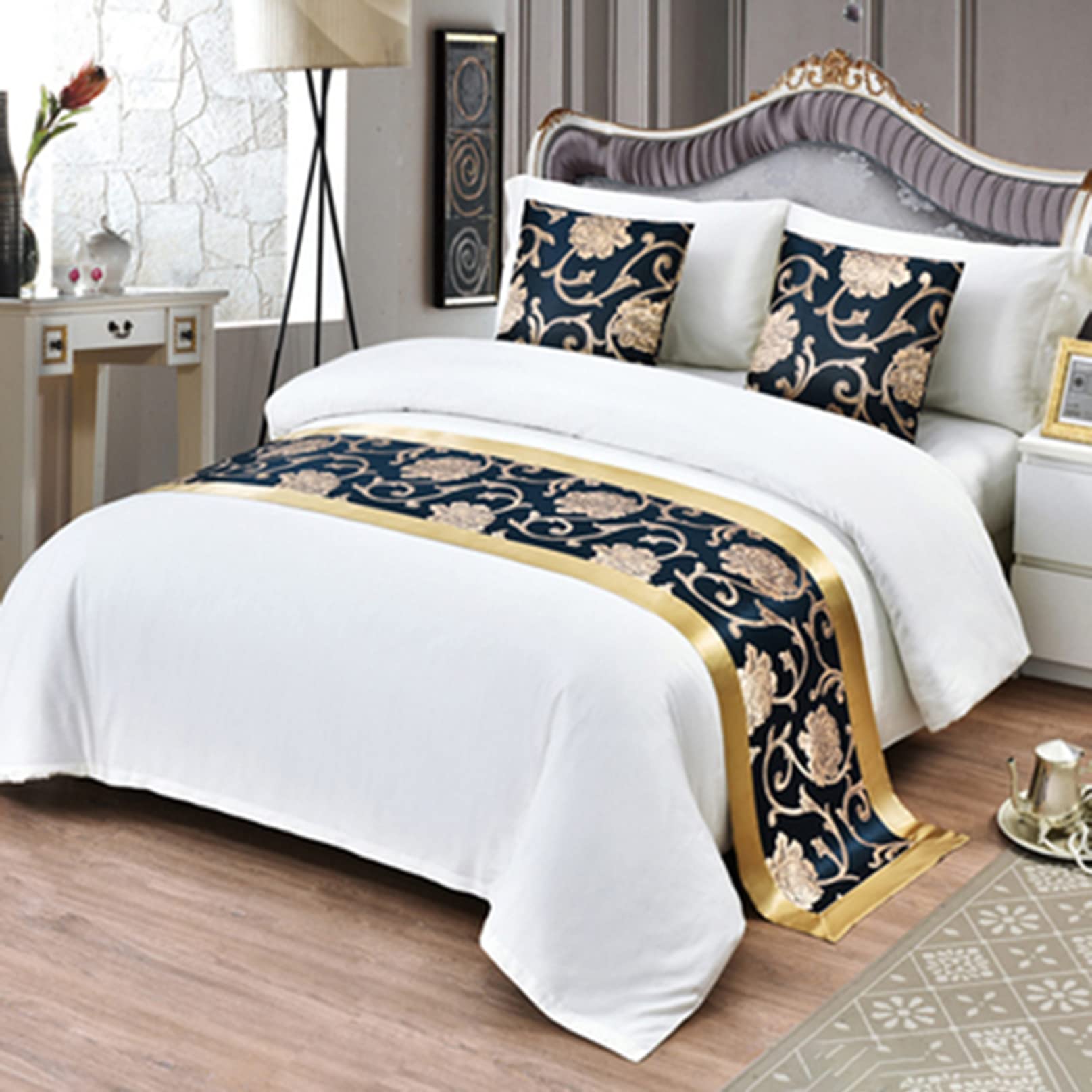 TTiiLoe Pattern Bed Runner for Foot of Bed, Bedroom Bedspread Bed Throw Bedding Protection End Towel Bed Cover Bed Scarf for Hotel Home, Blue, 50x210cm for 1.5m Bed