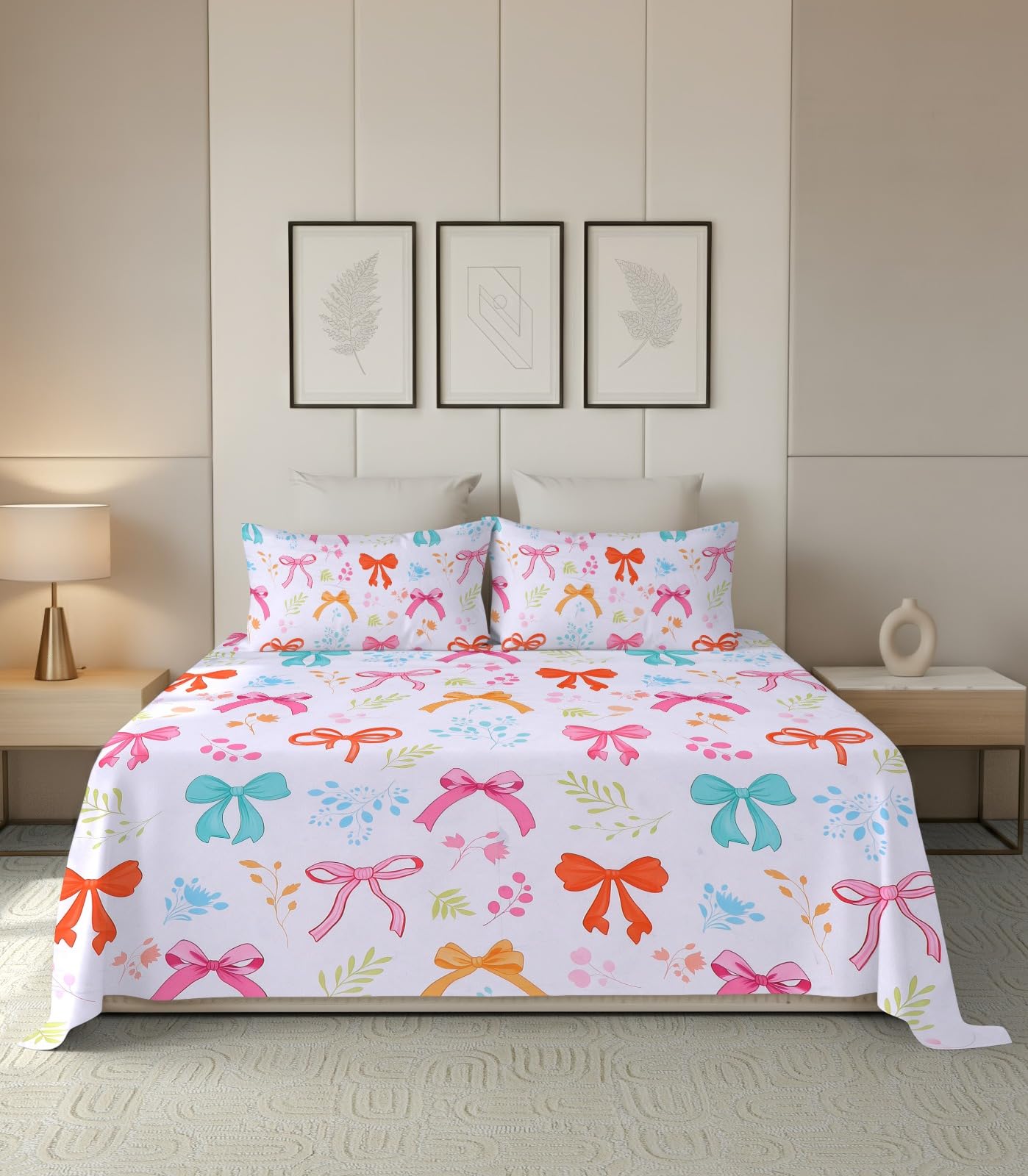 RD TREND® 210 TC Microfiber Bow Digital Bow Print Bedsheet for Super King Size Bed (100x108 Inch) with 2 Pillow Covers | Ultra Soft & Breathable | White-picture-37