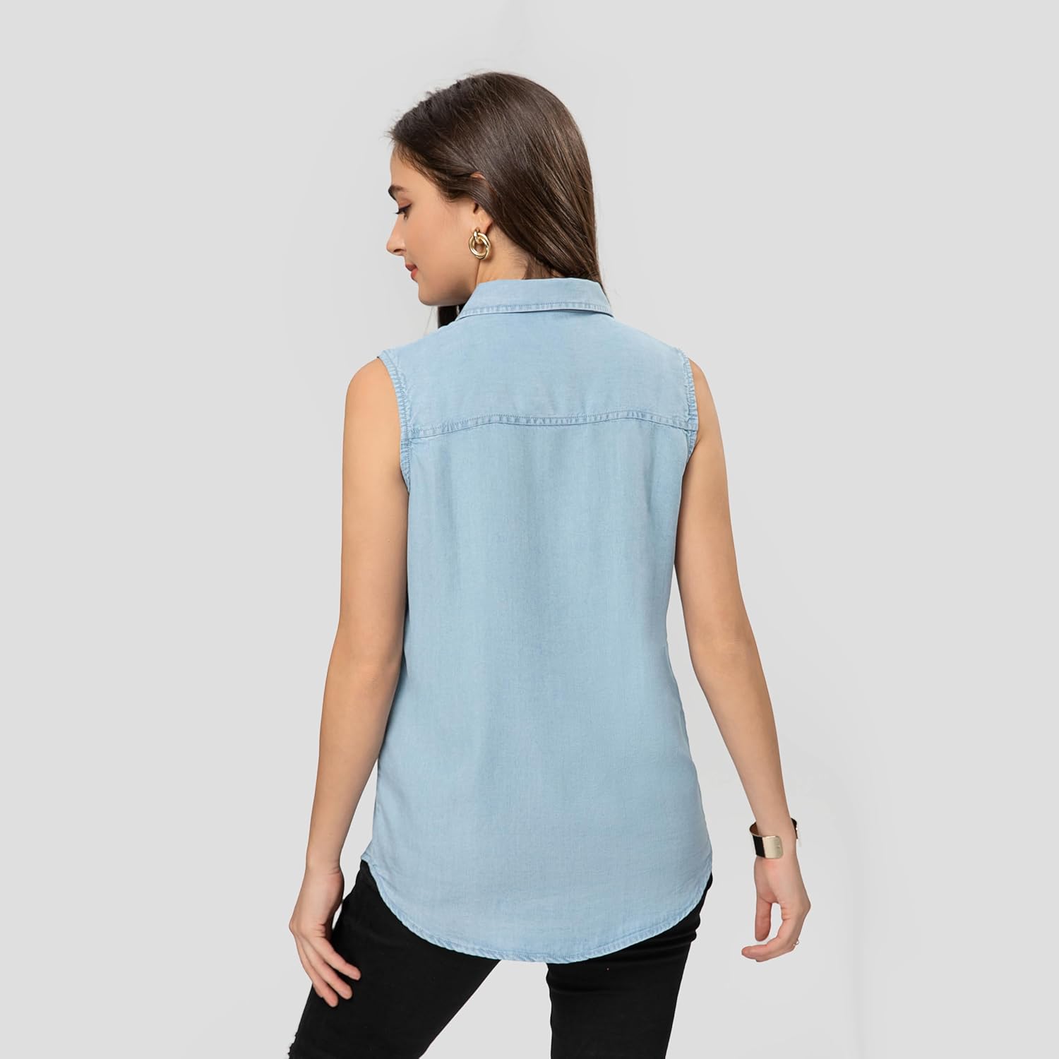 FASHIONSPARK Sleeveless Denim Tops for Women Button Down Denim Shirt Chambray Jean Tank Top Lightweight Blouses - Image 4