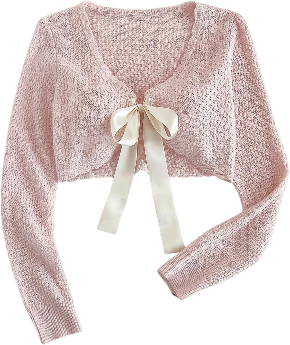 SHENHE Women's Tie Front Bow Bolero Shrug V Neck Lightweight Knit Cropped Cardigan Shrug