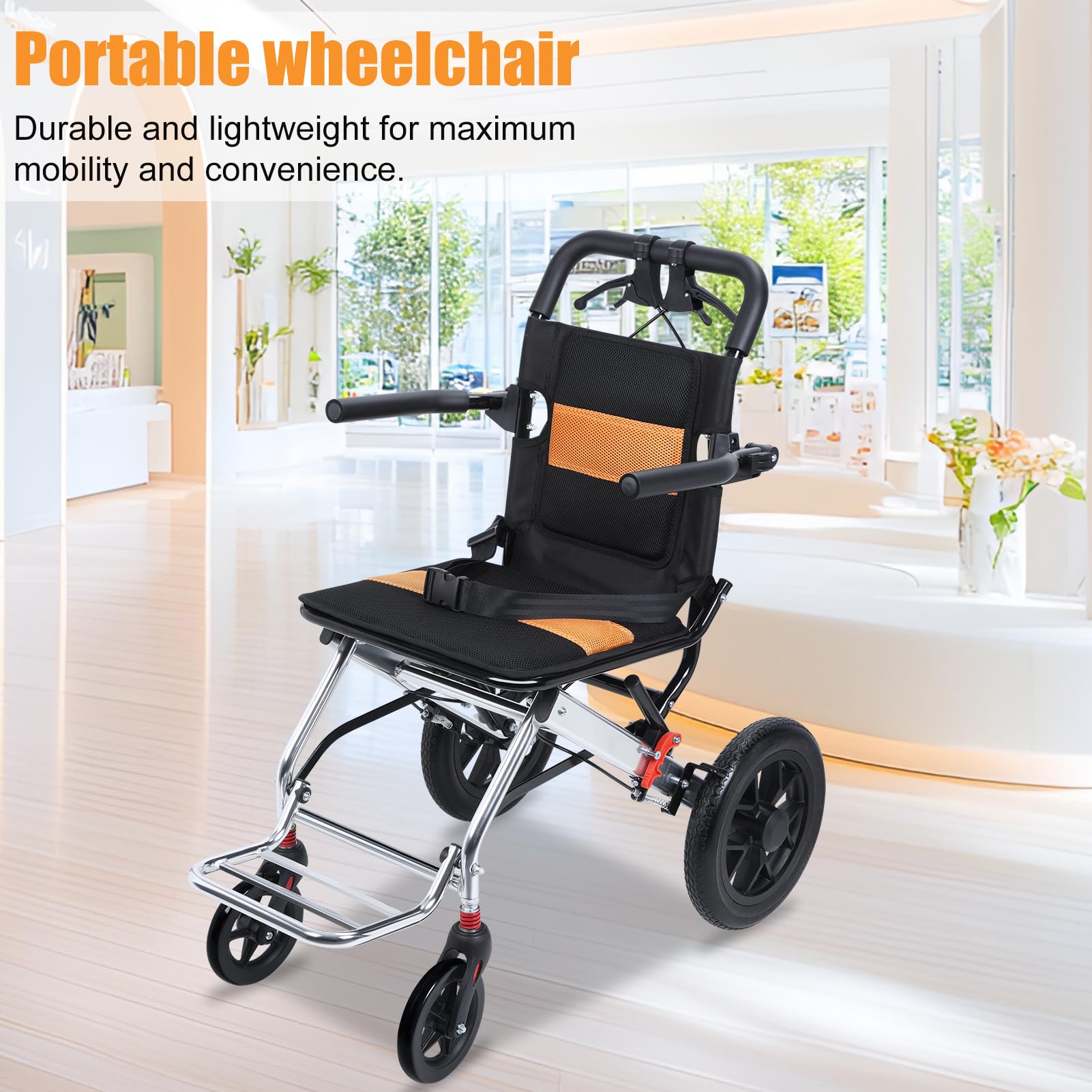 Silla de ruedas para adultos, silla de ruedas ligera y plegable, silla de viaje para puerta estrecha, silla de ruedas portátil con marco de aluminio con asiento de 15.75 pulgadas, freno de mano
