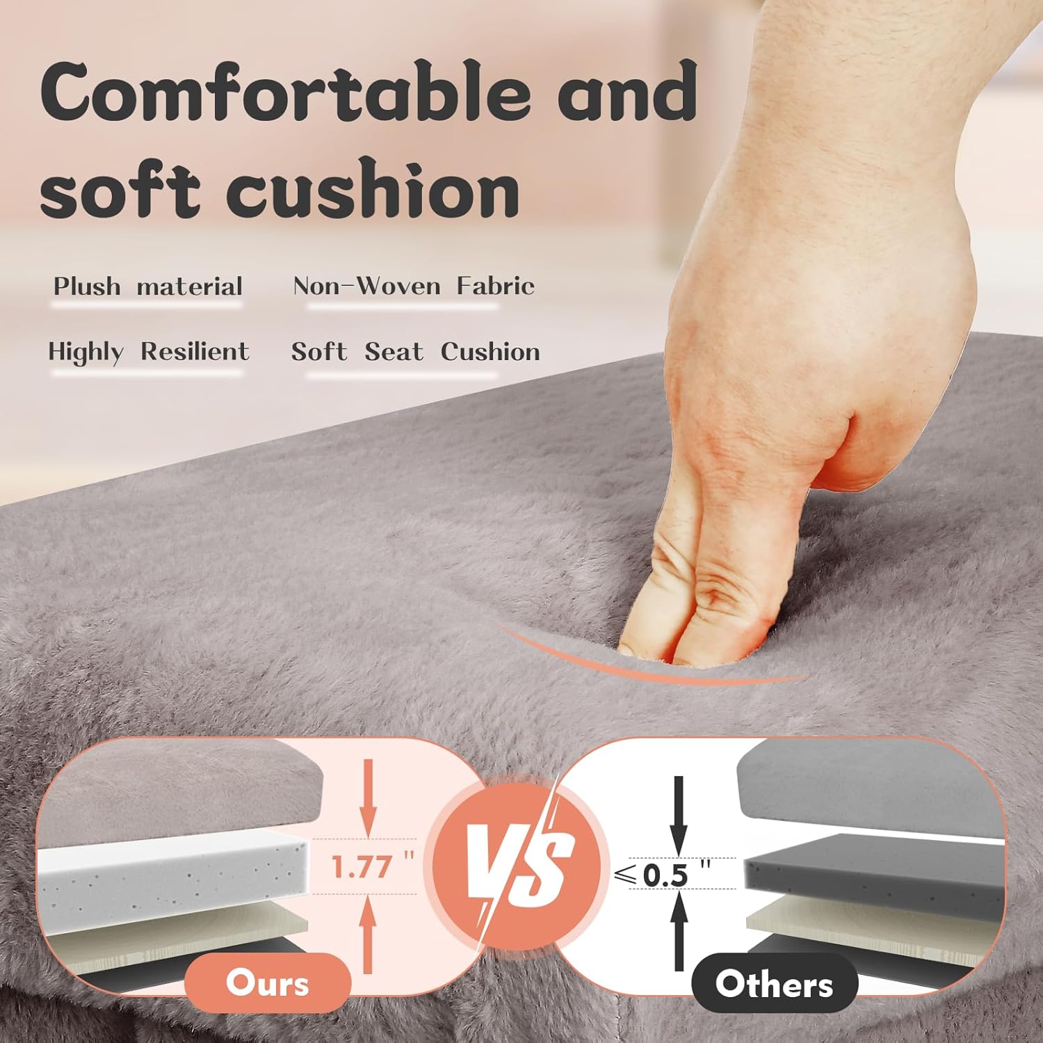 Ottoman with Storage, Folding Soft Fur Ottoman Foot Rest Stool with Thicker Furry Padded Seat. Small Storage Bench for Bedroom Living Room, Holds Up to 300 lbs, 17x13x13IN (Gray)