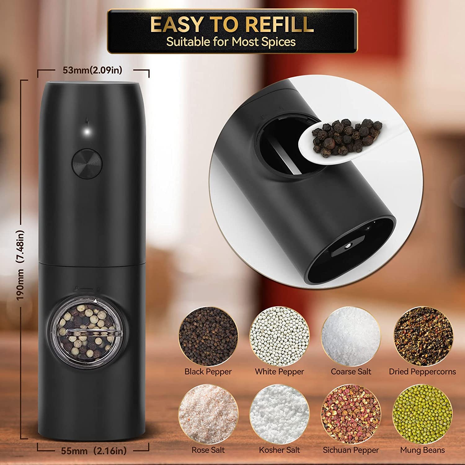 BLIVORRA Electric Salt & Pepper Grinder Set - Rechargeable, Adjustable Coarseness, LED Light, Type-C USB - View #10