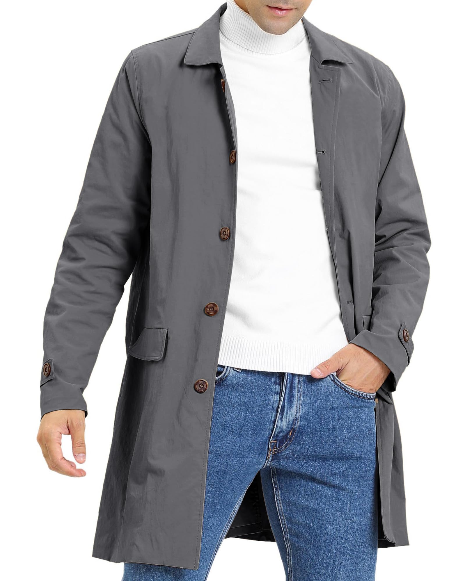 Feziakuk Herren Trenchcoat Einreihig Lang Mantel Leichter Revers Herbst Winter Jacke Übergangsjacke