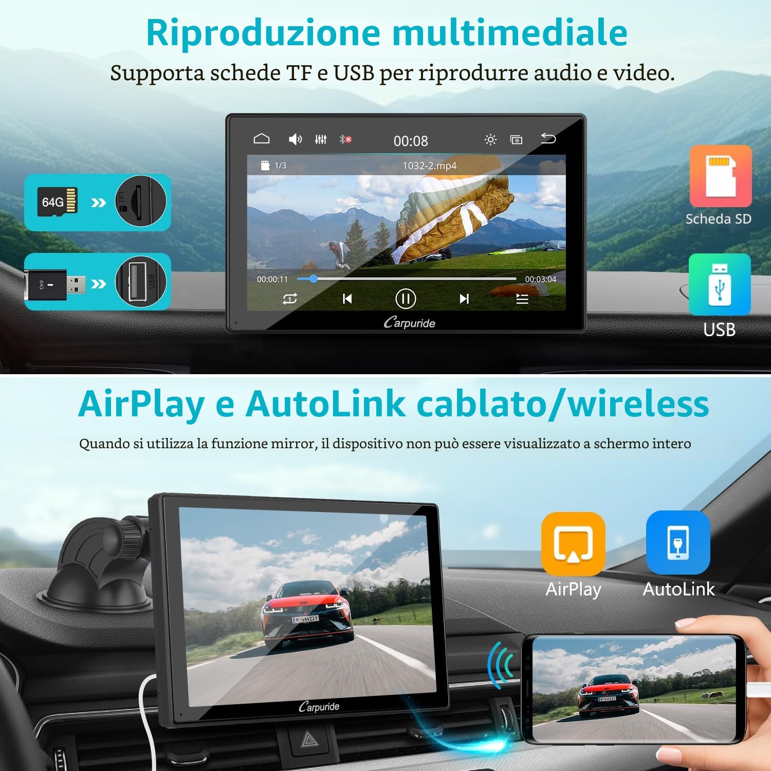 CARPURIDE V9 portatile wireless Carplay e Android Auto, 9 pollici 1080p touch screen HD da con BT 5.0, Mirror Link, supporto per camion e camper