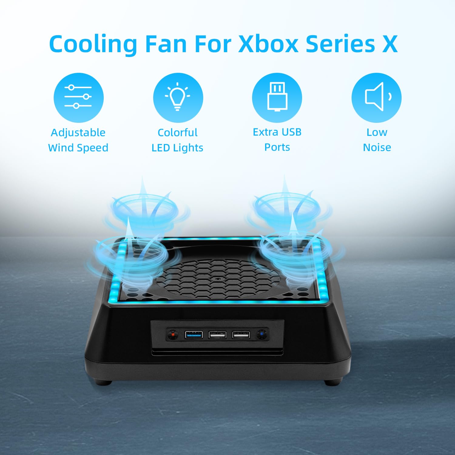 Ulepszony stojak na wentylator do Xbox Series X, stojak chłodzący z diodami RGB LED, 4 duże wentylatory turbo, porty USB 3.0 i 2.0 i 3 poziomy prędkości, regulowany system chłodzenia do Xbox