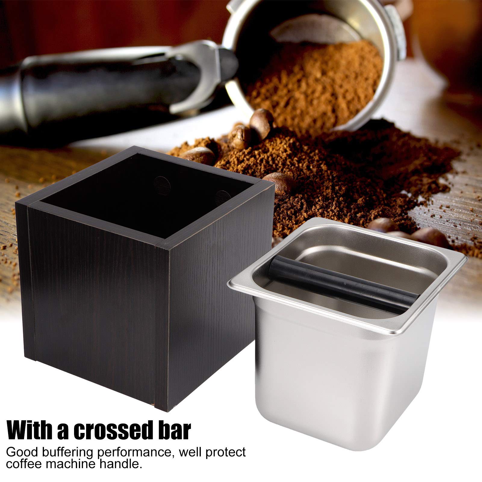 Récipient à Marc de café en Acier Inoxydable, Boîte à Frapper avec Boîte en Bois pour Bar de Bureau à Domicile