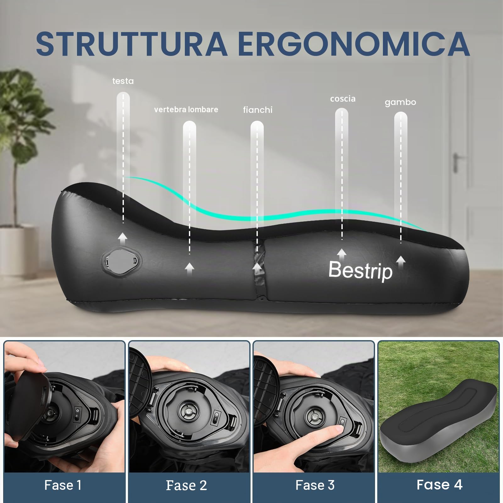 Bestrip Divano Gonfiabile, Lettino Gonfiabile, Materasso ad Aria con Pompa Elettrica Integrata, Divano Gonfiabile da Campeggio, Adatto per Interni ed Esterni (180 * 70 * 50 cm)