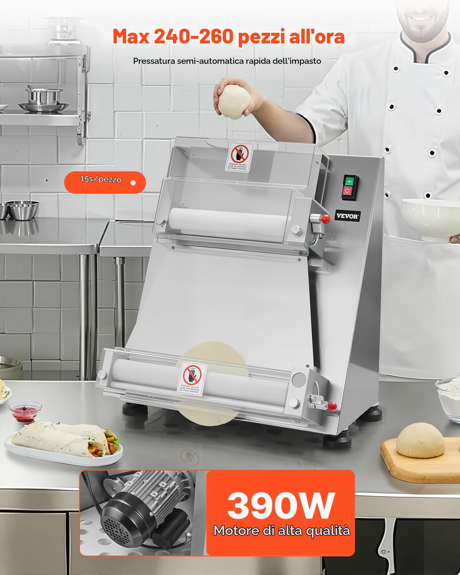 VEVOR Pressa Elettrica per Pizza, Piastra per Pressa per Pasticceria 355,6 mm,390 W, Acciaio Inox, Macchina Formatrice con Spessore Regolabile e Coperchio per Pressa per Pasta, 260 Pezzi/Ora