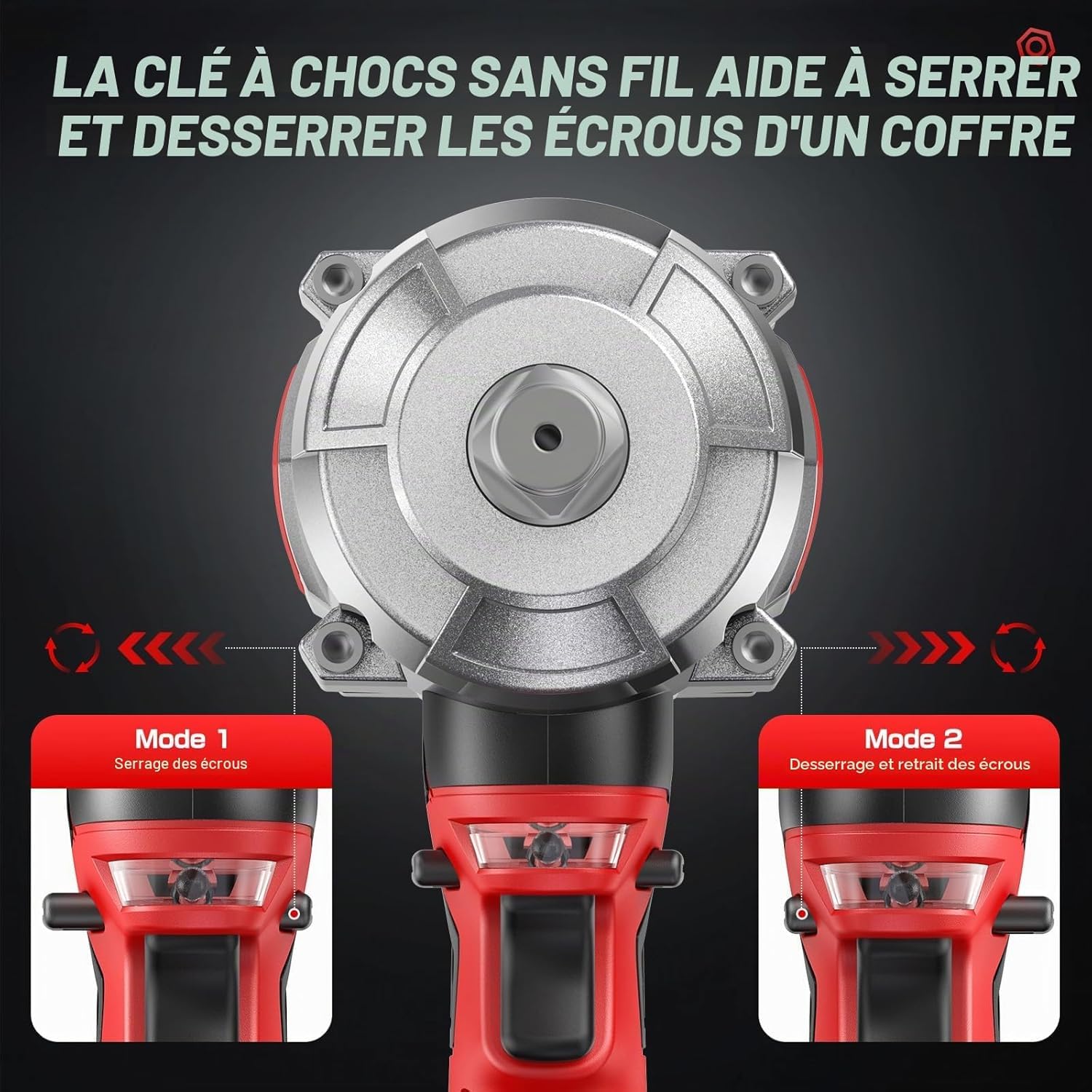 1400 N.m Clé à chocs sans fil, 21V Cle a choc professionnel avec 1000 W Moteur sans balais, 2 x 4,0 Ah Batteries, 5 Douilles, 1 Convertisseur 1/2" x 3/4", 1 Extension, pour Voiture et Camionnette