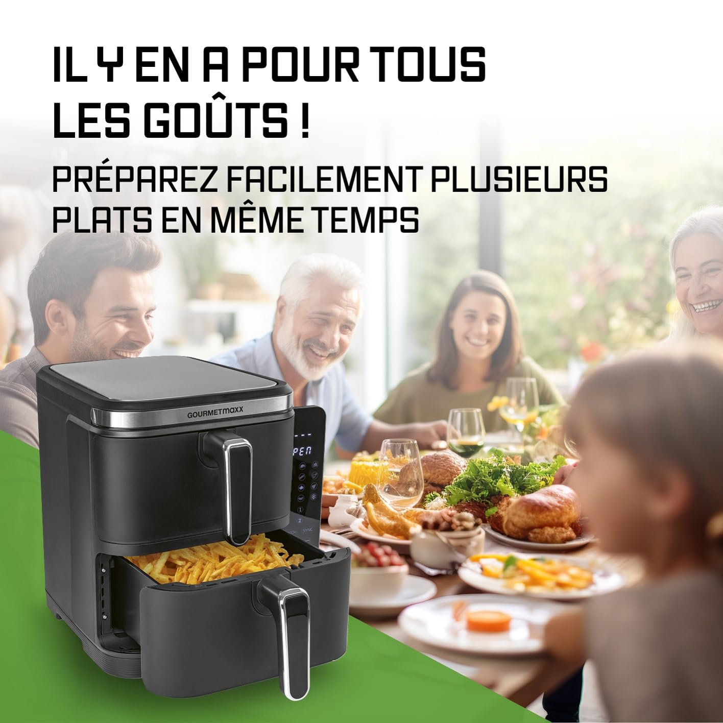 GOURMETmaxx FryUp Friteuse à air chaud verticale à double chambre | Airfryer 10 litres | 4 aliments sur 4 niveaux | Écran tactile rabattable | 32% de gain de place | Friteuse à air chaud 2 chambres