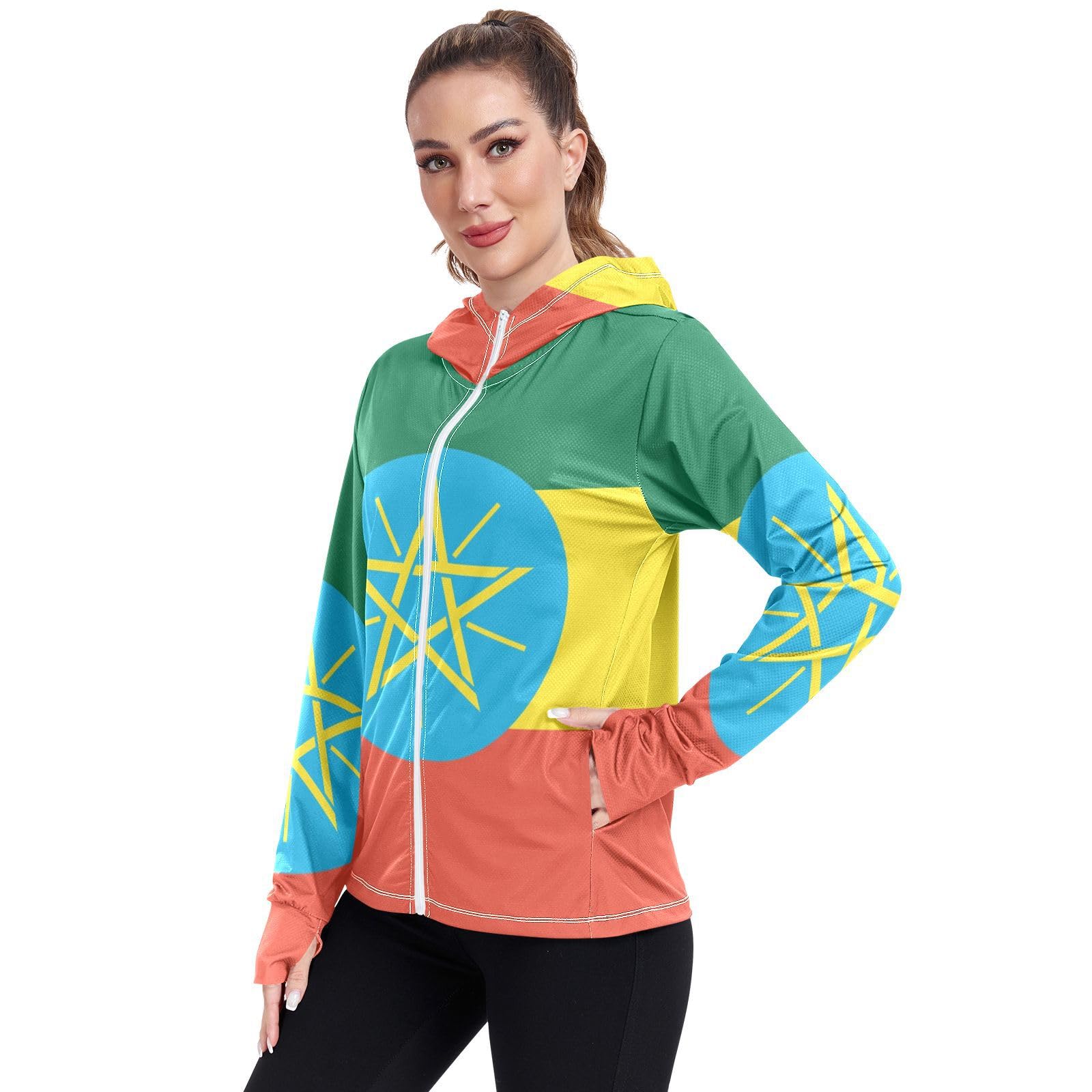 Ethiopia Flag Womens UPF 50+ Sun Protection Hoodie Jacket Lightweight Long Sleeve Sun Shirt with Pocket Multicoloured