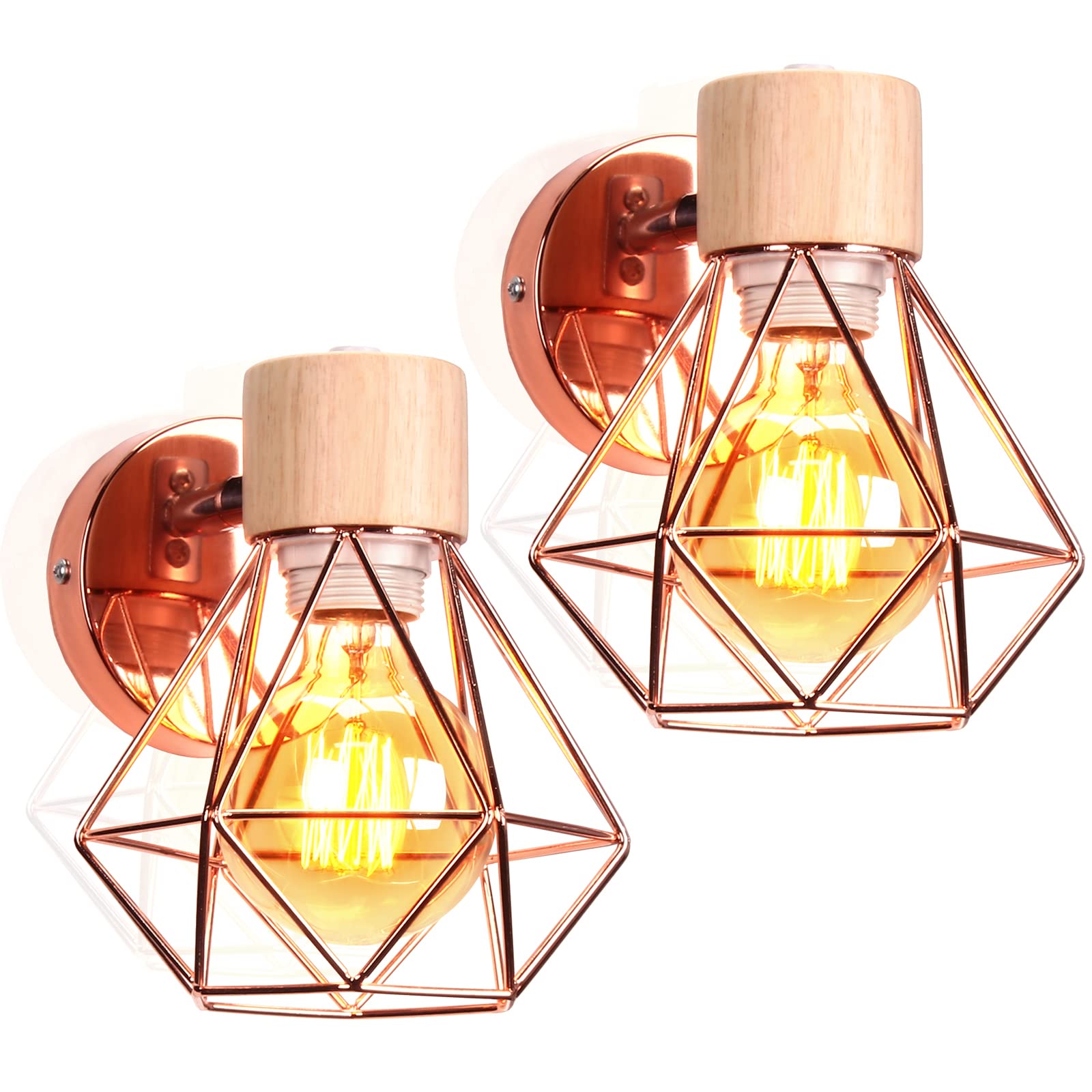 Lámpara de pared Interior Industrial Aplique de Pared E27 con Madera Vintage Luz de pared led Metal Adjustable Decoración Iluminación para Sala de Estar Lectura Dormitorio (A-Oro rosa - 2 piezas)