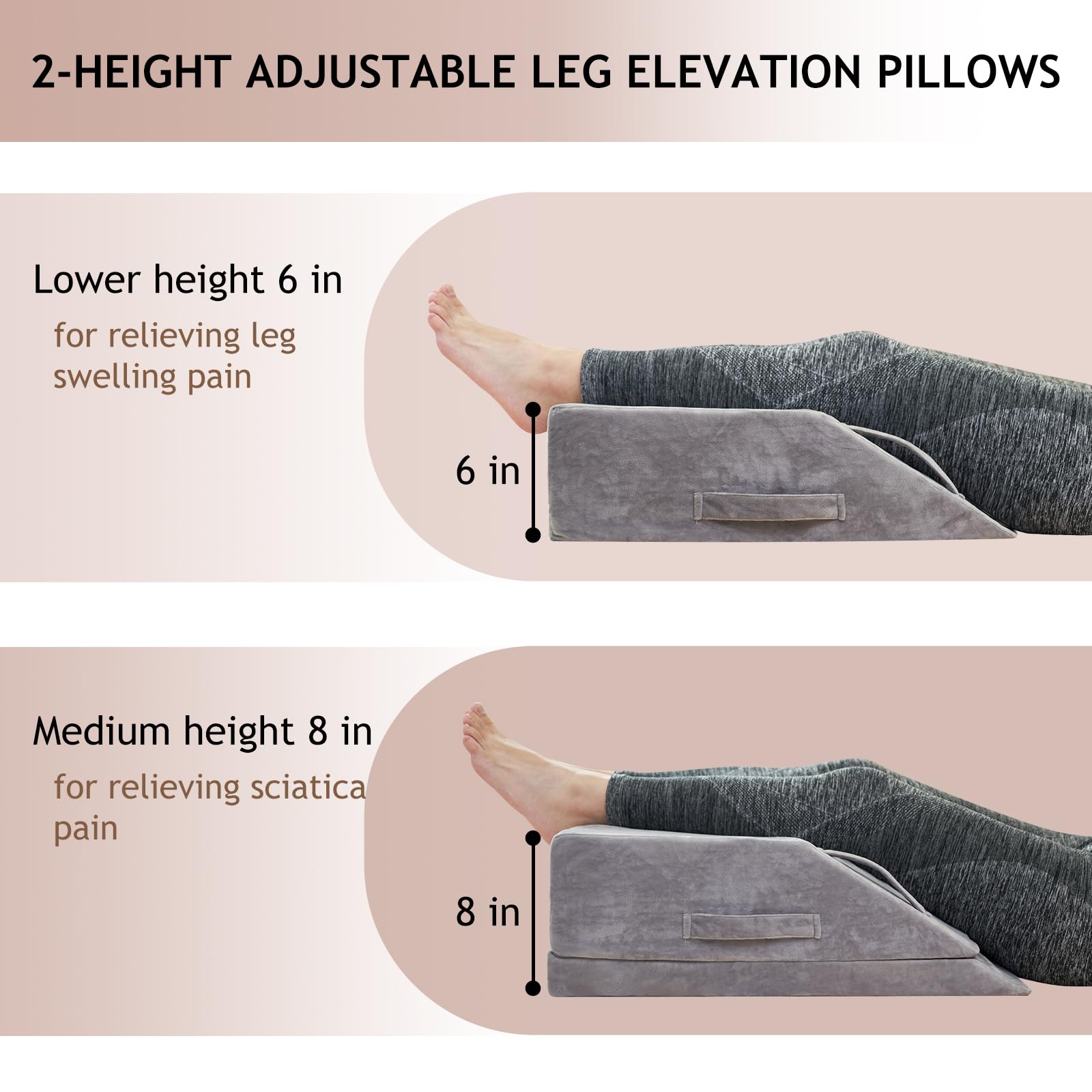 Almohada de cuña para dormir, almohada de cuña de cama para después de la cirugía, almohada de elevación de piernas de espuma viscoelástica de 2 alturas para hinchazón, alivio del dolor de