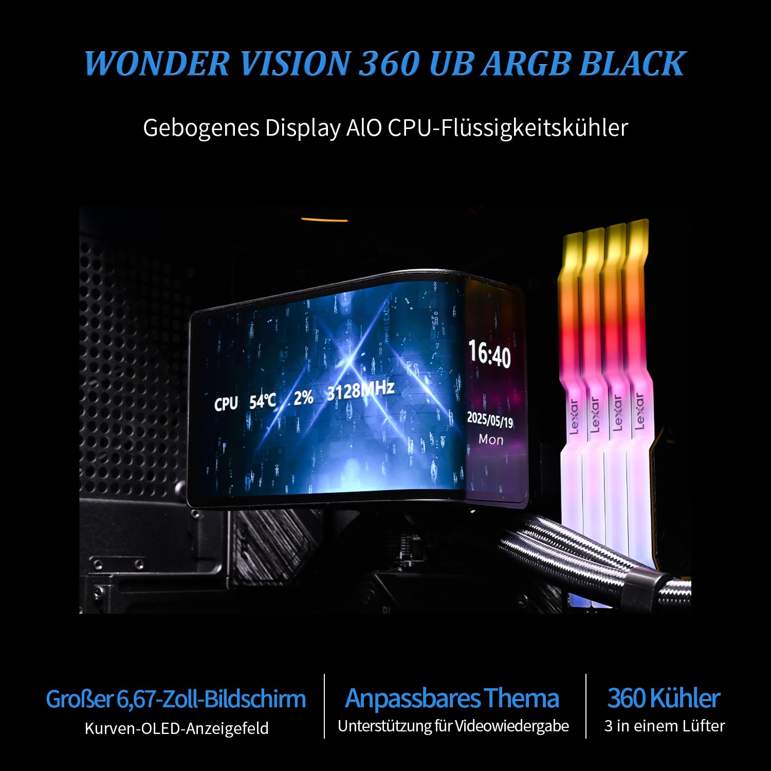 THERMALRIGHT Wonder Vision 360 UB ARGB Noir AIO Refroidisseur de CPU à écran liquide, pour AM5/Intel LGA1851/1700, écran incurvé 3D de 6,67 pouces avec résolutions 2400x1080, écran à panneau